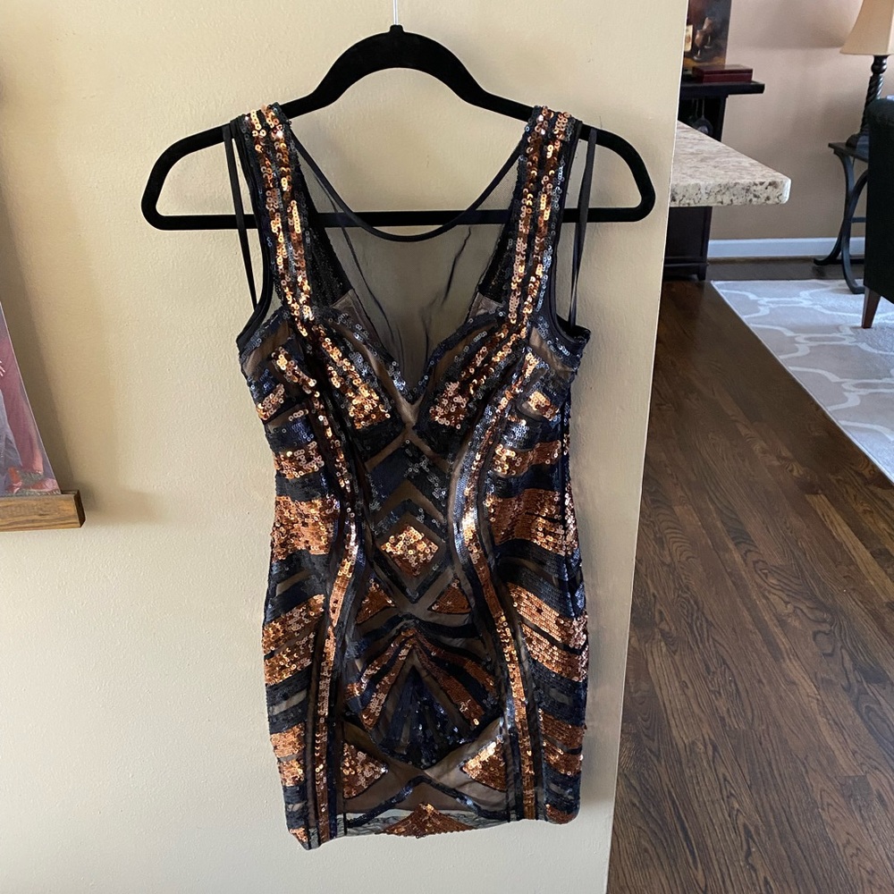 bebe black and gold sequin dress